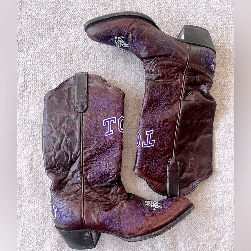 TCU Horned Frogs Gameday Cowboy Boots Women Size 8 Brown Purple Embroidered - Picture 2 of 9